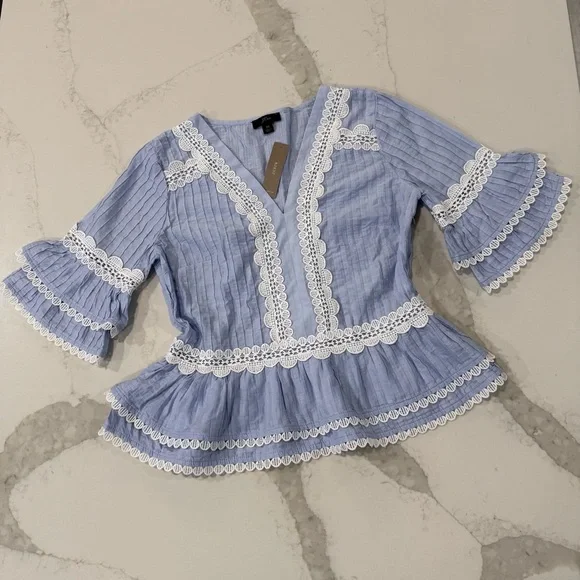 J. Crew NWT Pleated V-Neck Ruffle Sleeve Peplum Blouse Lace Trim Women’s XS Blue - Picture 2 of 10